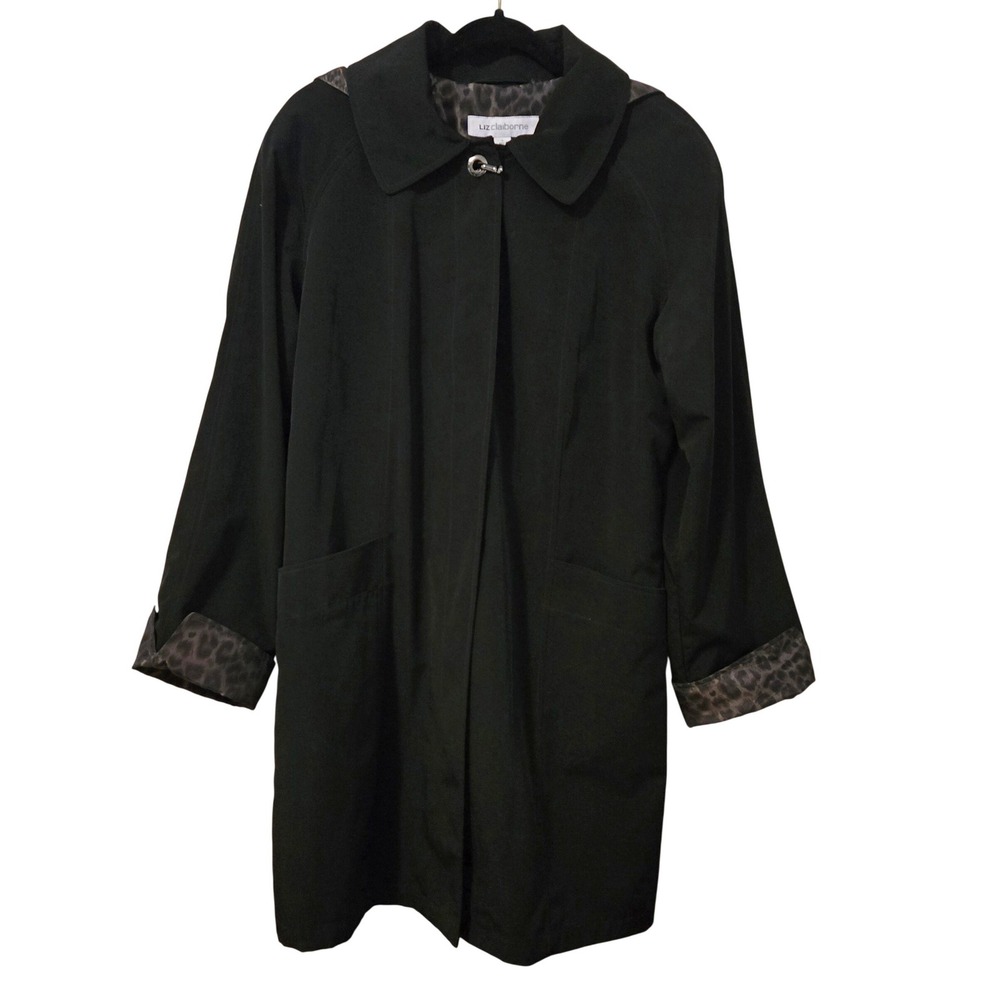 Liz Claiborne Womens L Black Hooded Raincoat Leopard Print‎ Trim Toggle Closure